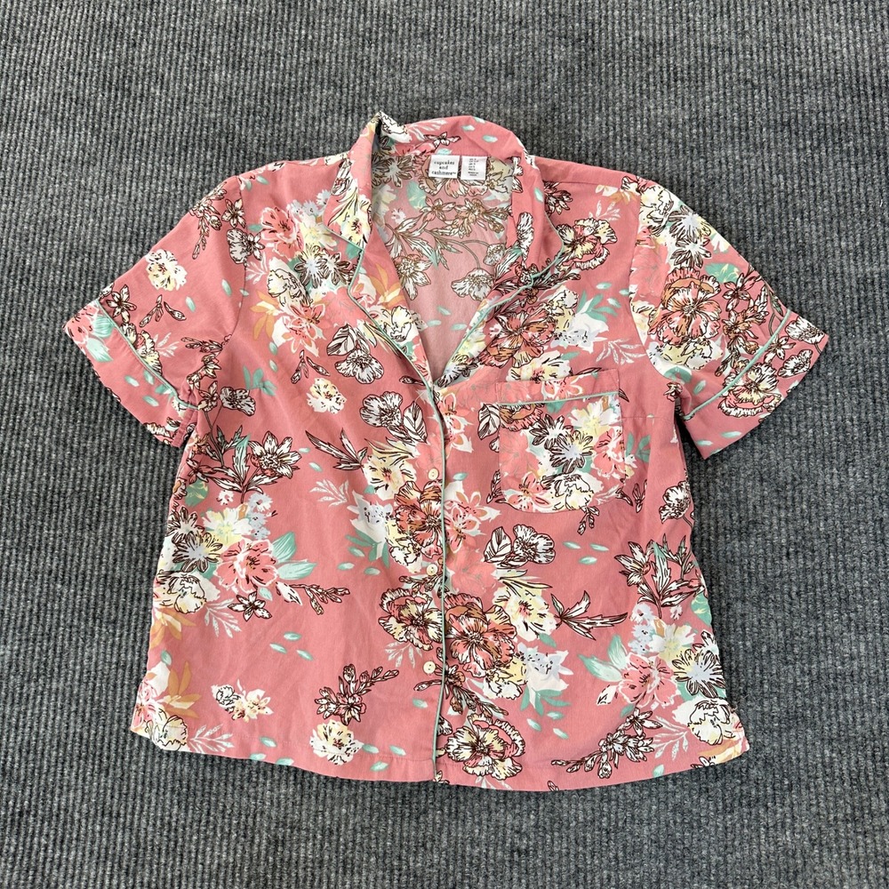 Cupcakes and Cashmere Womens Pajama Top Size S Pink Floral Button Front Woven